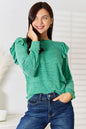 Dark green double take ruffle shoulder long sleeve T-shirt by Trendsi, showing the ruffle detail on the shoulders and fitted style.