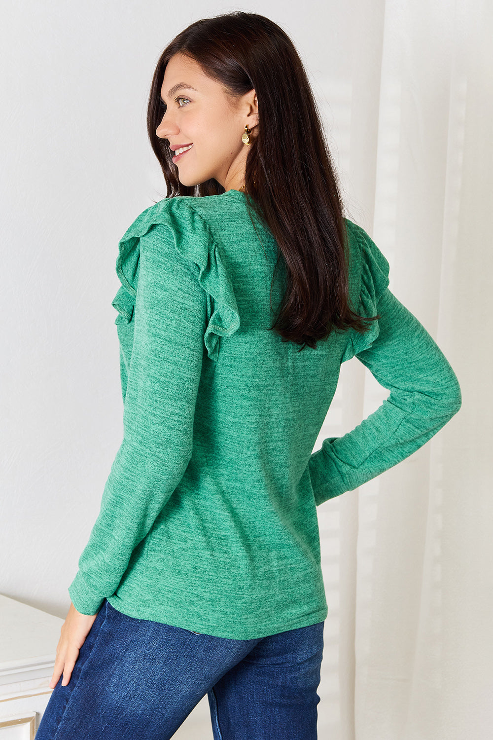 Dark green Trendsi Double Take ruffle shoulder long sleeve T-shirt with a fitted silhouette and stylish ruffle details on the shoulders.