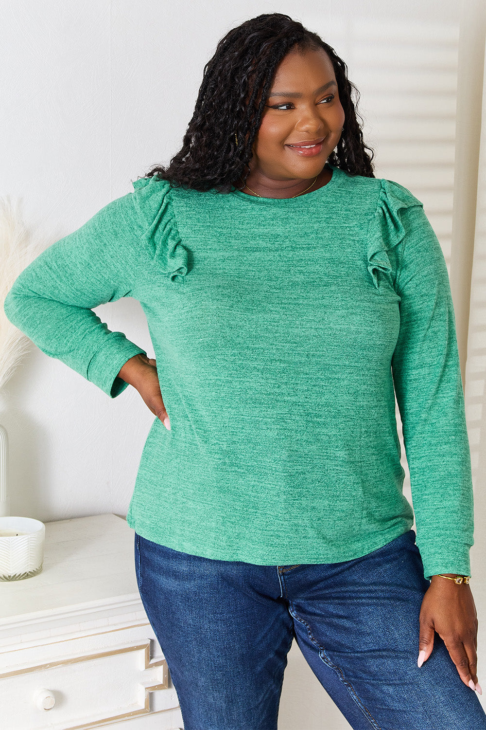 Dark green double take ruffle shoulder long sleeve T-shirt by Trendsi, featuring a stylish ruffle design on the shoulders.