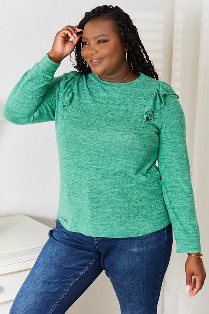 Dark green double take ruffle shoulder long sleeve T-shirt by Trendsi, featuring a stylish ruffled shoulder design and fitted long sleeves.