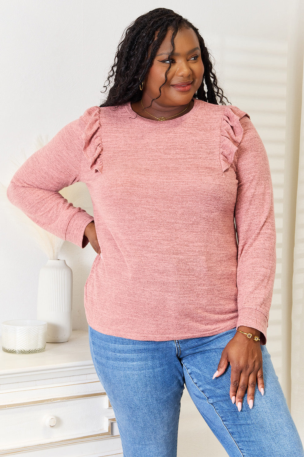 Dark green Trendsi Double Take ruffle shoulder long sleeve T-shirt, featuring a stylish ruffle detail on the shoulders.