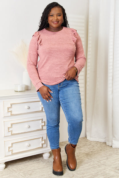 Dark green Long Sleeve T-Shirt with ruffle shoulder design from Trendsi, featuring a relaxed fit and casual style.