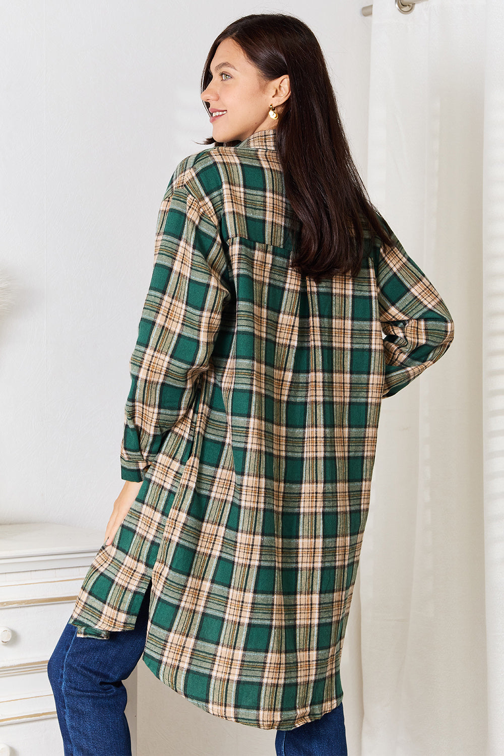 Dark green Mandy plaid long sleeve shirt with a collared neck and button front from Trendsi.