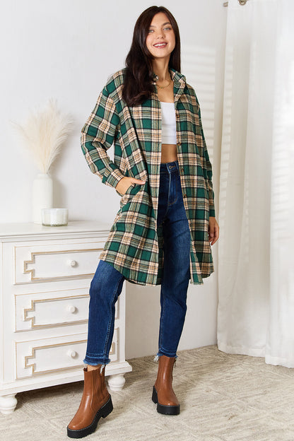 Dark green Mandy plaid long sleeve shirt with a collared neck from Trendsi, featuring a classic plaid pattern and button-up design.