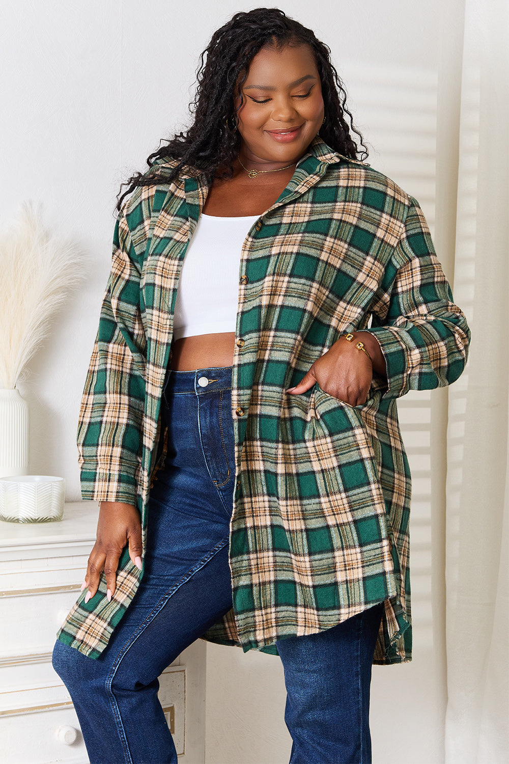 Dark green Mandy plaid long sleeve shirt with a collared neck and button closure, from Trendsi.