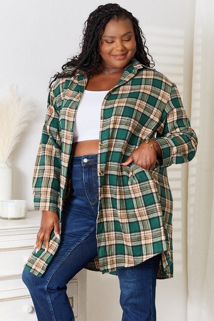 Dark green Mandy plaid long sleeve shirt with a collared neck and button closure, from Trendsi.