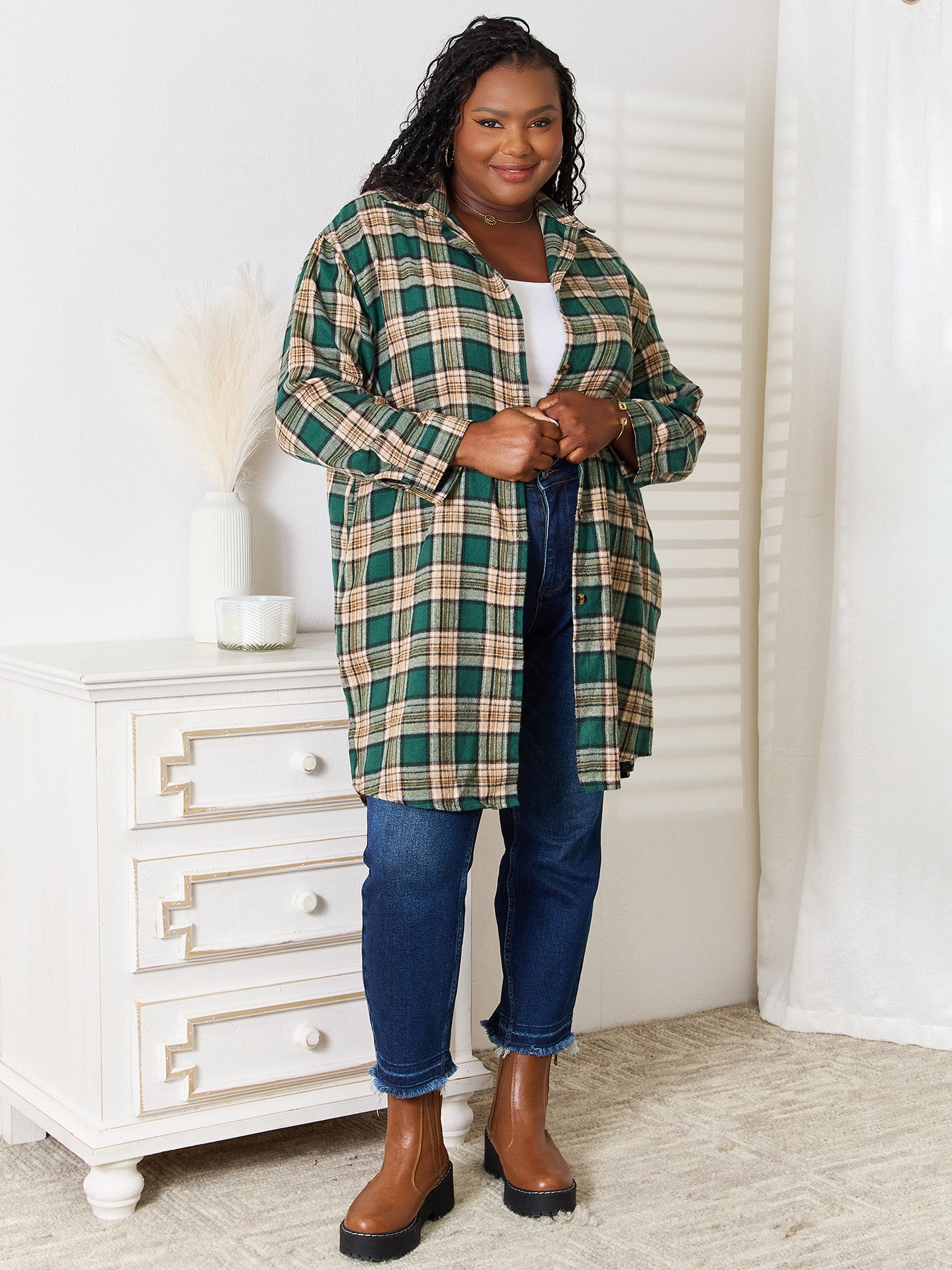 Dark green Mandy plaid long sleeve shirt with a collared neck from Trendsi, featuring a classic plaid pattern and button-up front.