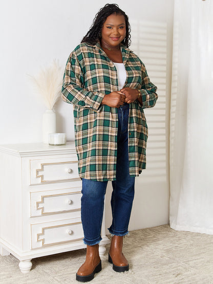 Dark green Mandy plaid long sleeve shirt with a collared neck from Trendsi, featuring a classic plaid pattern and button-up front.
