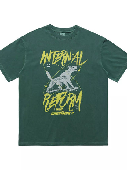 Dark green men's oversized graphic short sleeve T-shirt by Trendsi, featuring a bold design on front.