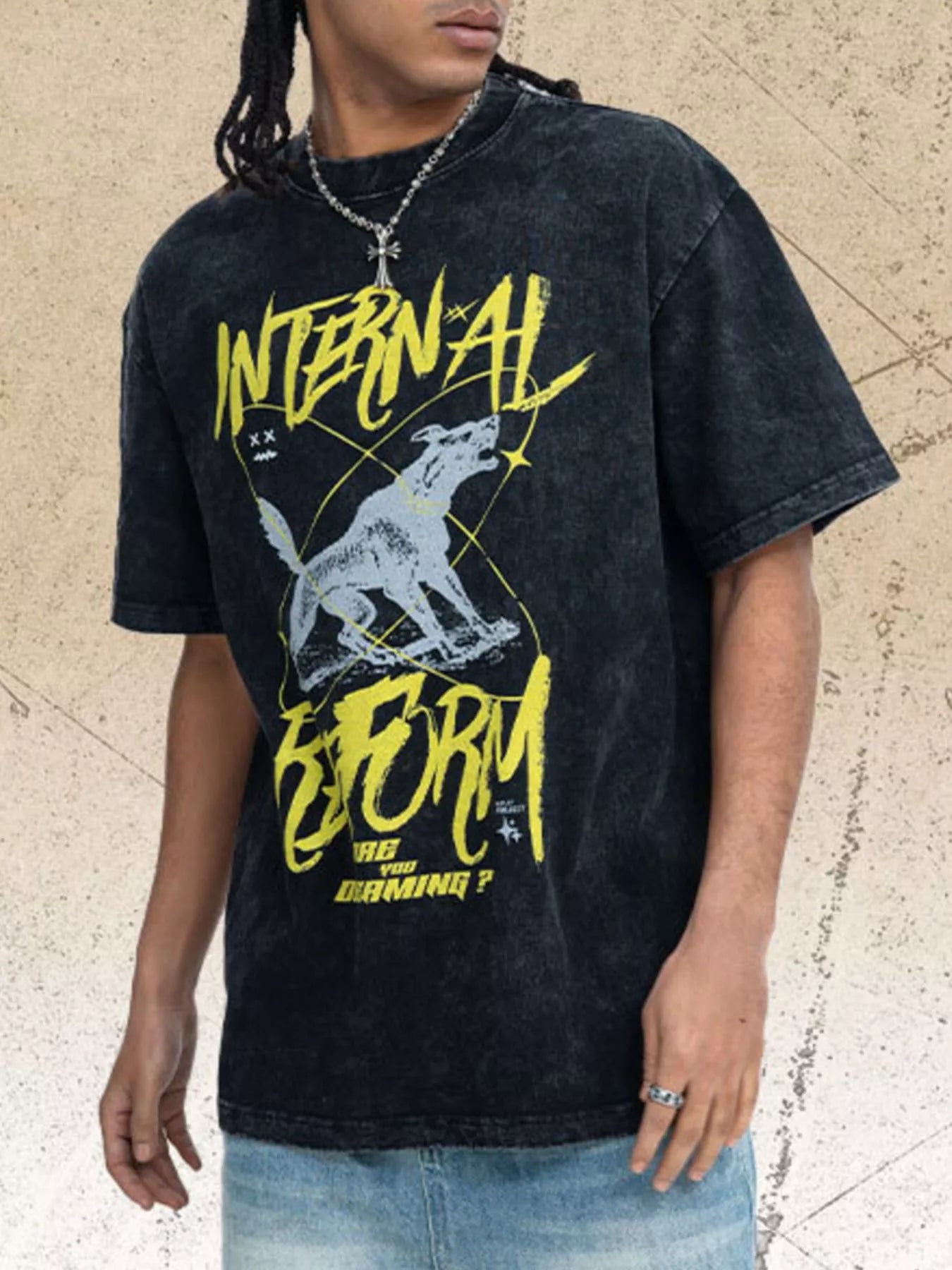Dark green men's oversized graphic short sleeve T-shirt by Trendsi, featuring bold design on soft cotton fabric.