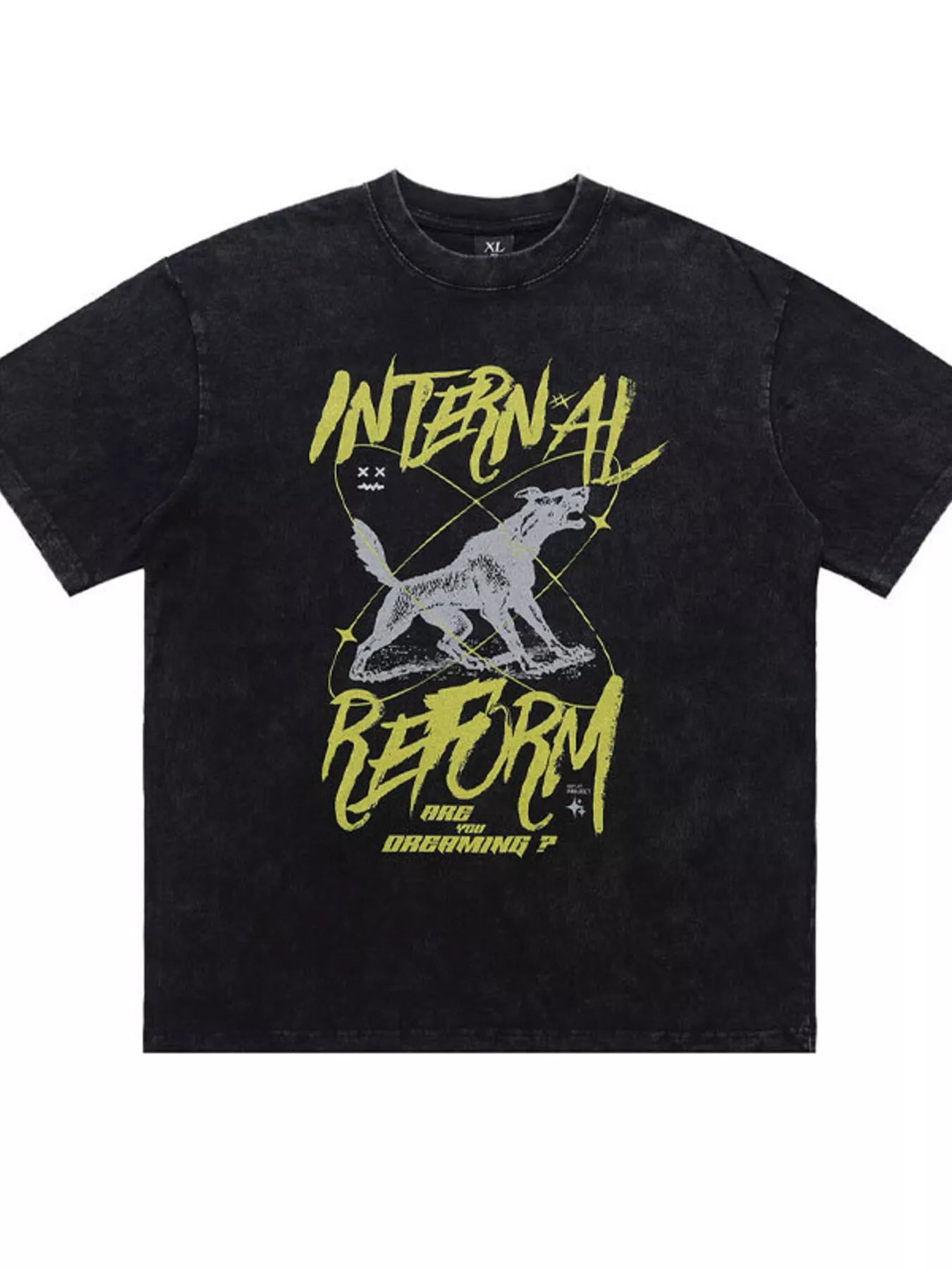 Dark green men's oversized graphic short sleeve T-shirt from Trendsi, featuring a bold, artistic design on the front.