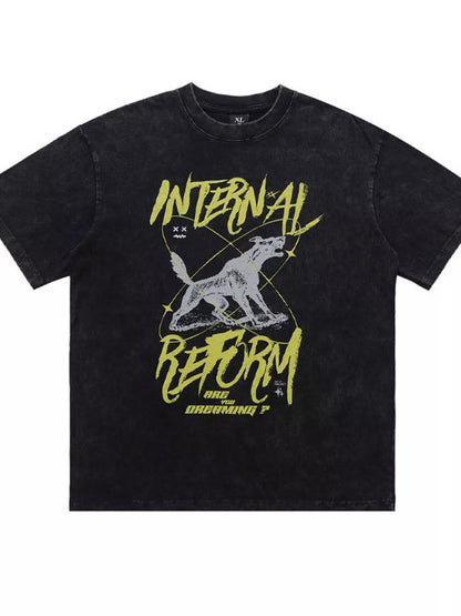 Dark green men's oversized graphic short sleeve T-shirt from Trendsi, featuring a bold, artistic design on the front.