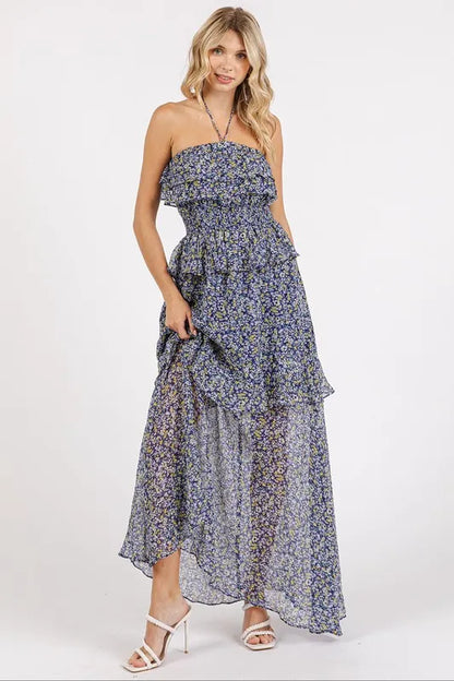 Dark navy Mittoshop floral ruffled smocked halter neck maxi dress with a flowy silhouette and feminine details.
