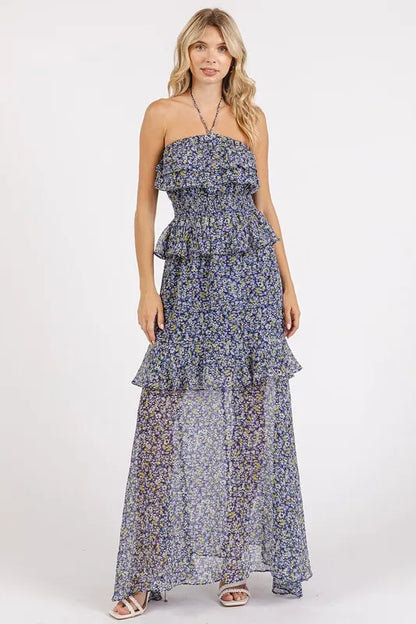 Dark navy floral maxi dress with ruffled and smocked details, halter neck, from Mittoshop by Trendsi.
