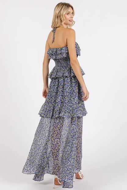 Dark navy Mittoshop floral halter neck maxi dress with ruffled smocked bodice and flowy skirt, perfect for summer or special occasions.
