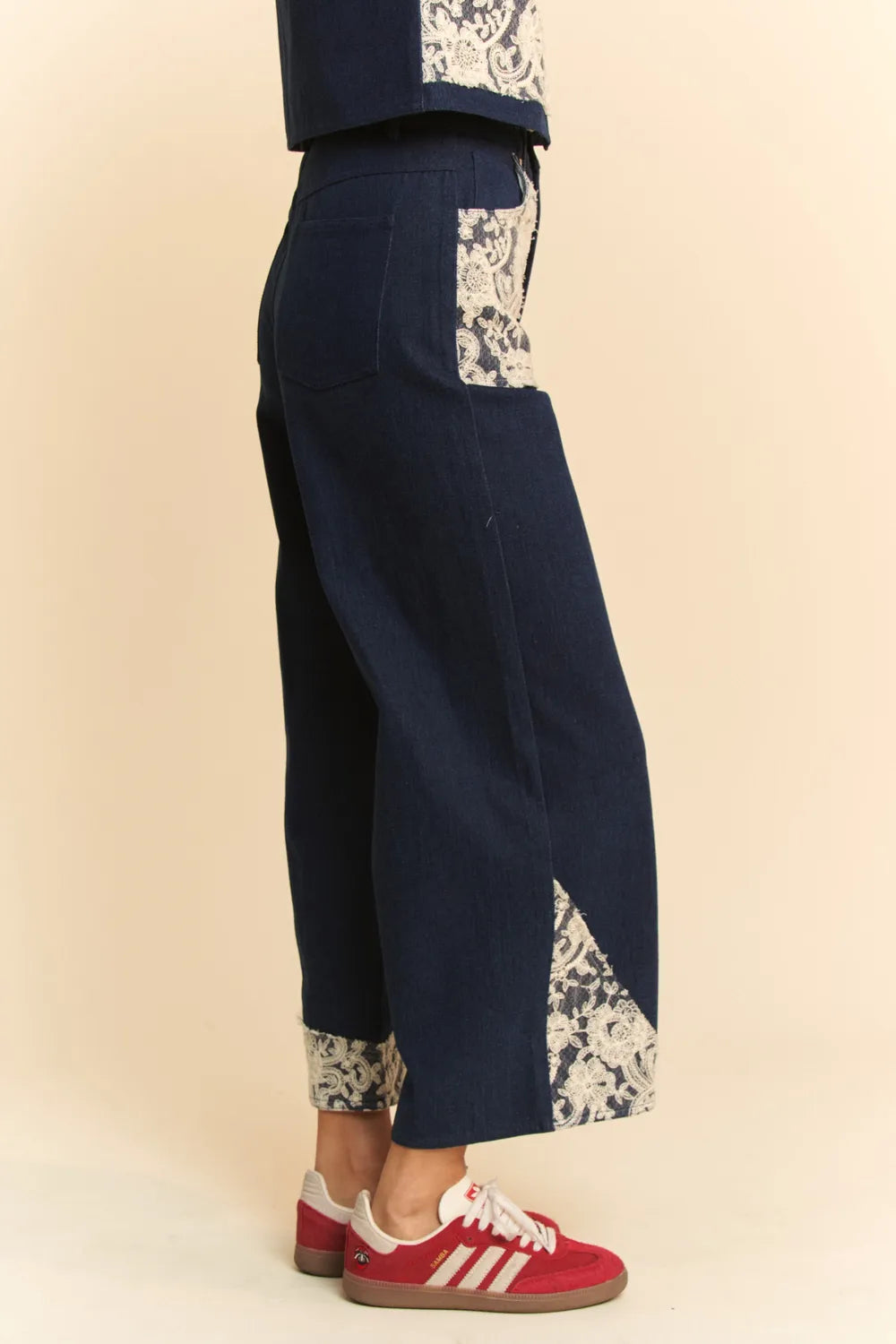 Dark wash Davi & Dani Lace Applique Wide Leg Jeans with lace details and a relaxed fit, stylish and comfortable denim pants.
