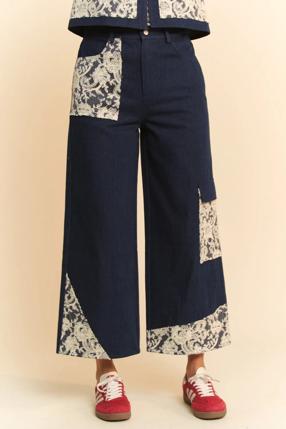 Dark wash Davi & Dani Lace Applique Wide Leg Jeans by Trendsi, featuring lace applique details and a wide-leg fit.