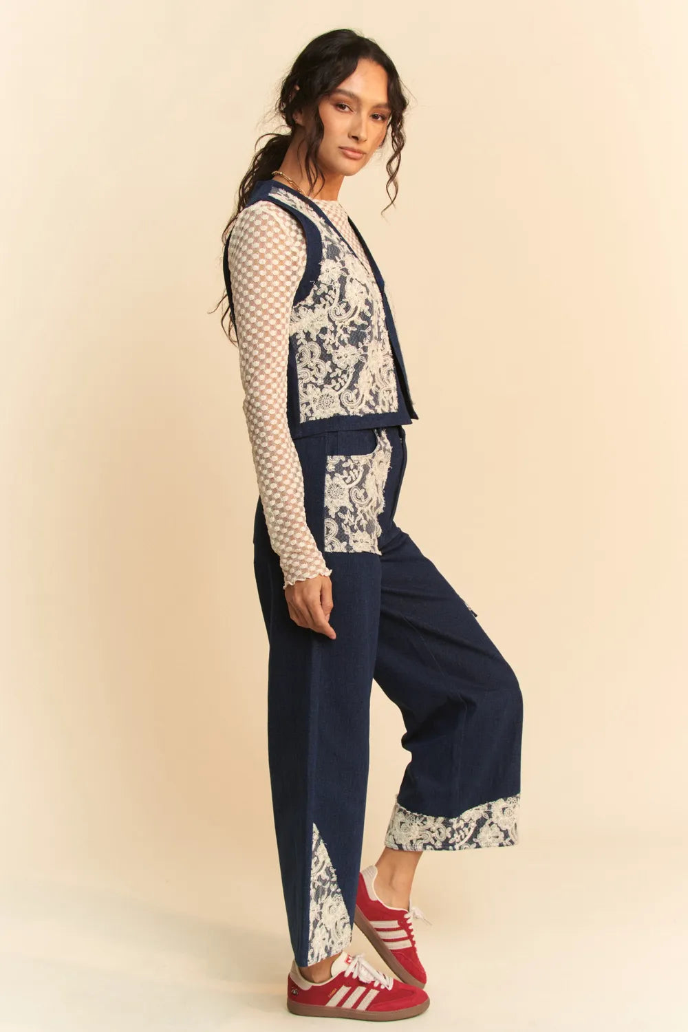 Dark wash Davi & Dani Lace Applique Wide Leg Jeans by Trendsi featuring lace details and a relaxed, wide-leg fit.