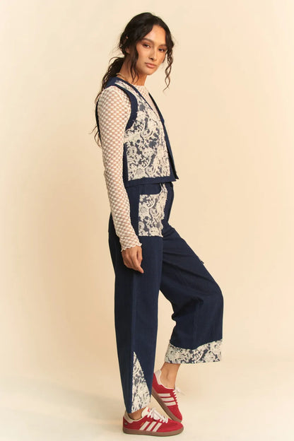 Dark wash Davi & Dani Lace Applique Wide Leg Jeans by Trendsi featuring lace details and a relaxed, wide-leg fit.
