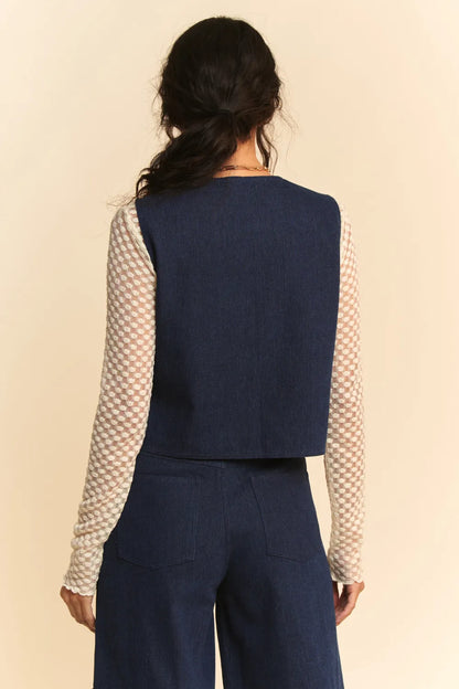 Dark denim Davi & Dani lace patch open front vest with distressed details, stylish and casual for layered outfits.