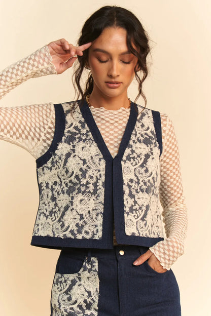 Dark denim open front vest with lace patch details from Davi & Dani, featuring a stylish, casual design.
