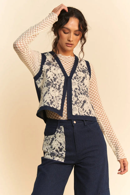 Dark denim open front vest with lace patches from Davi & Dani, featuring a trendy casual style and button details.