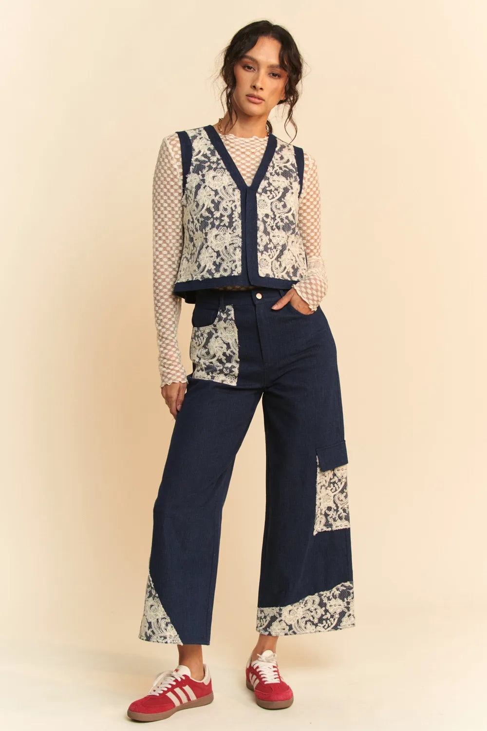Dark denim open front vest with lace patches from Davi & Dani, featuring a trendy, casual style and lightweight design.
