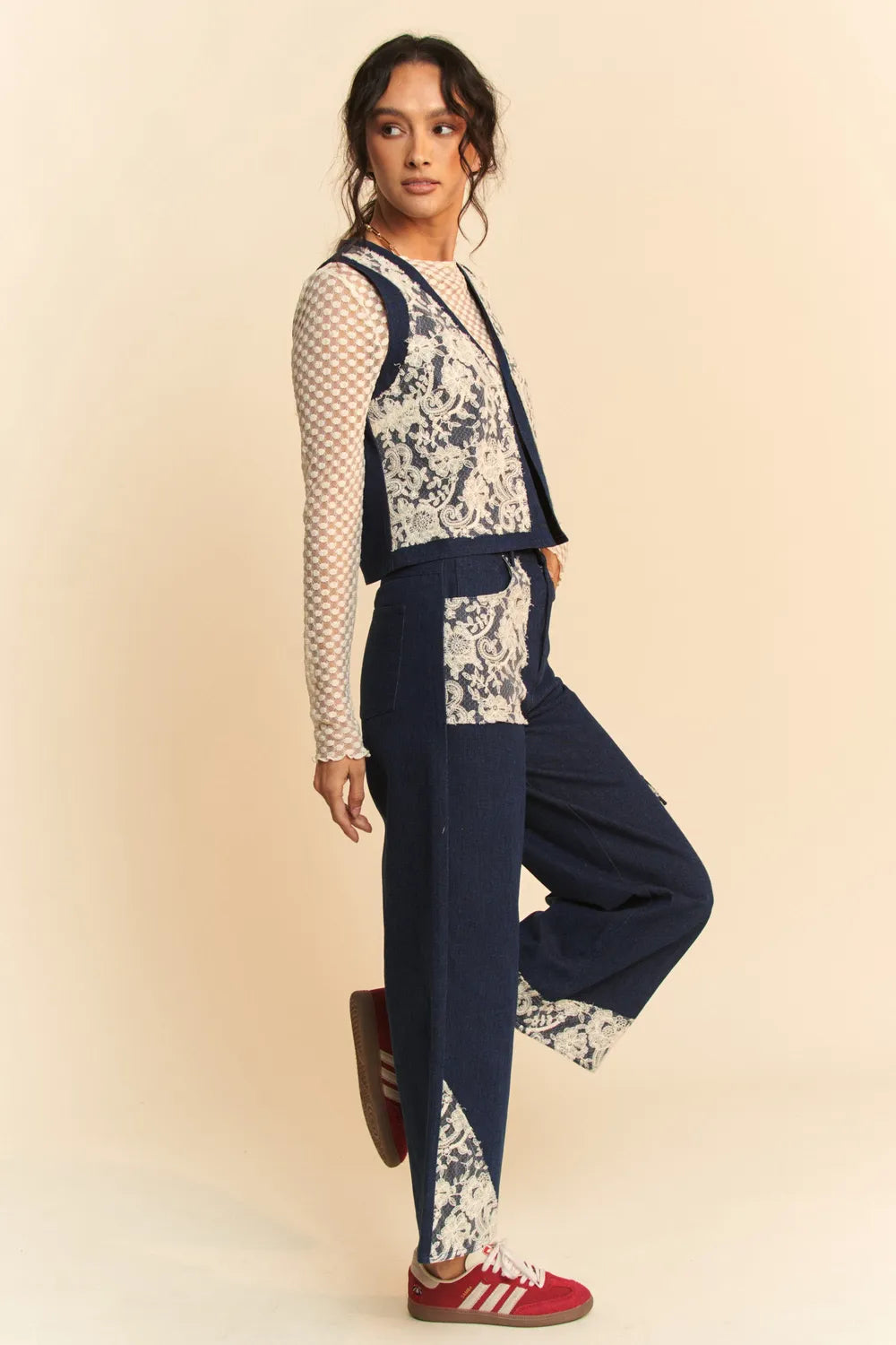 Dark denim open-front vest with lace patch details and long sleeves, stylish Davi & Dani by Trendsi.