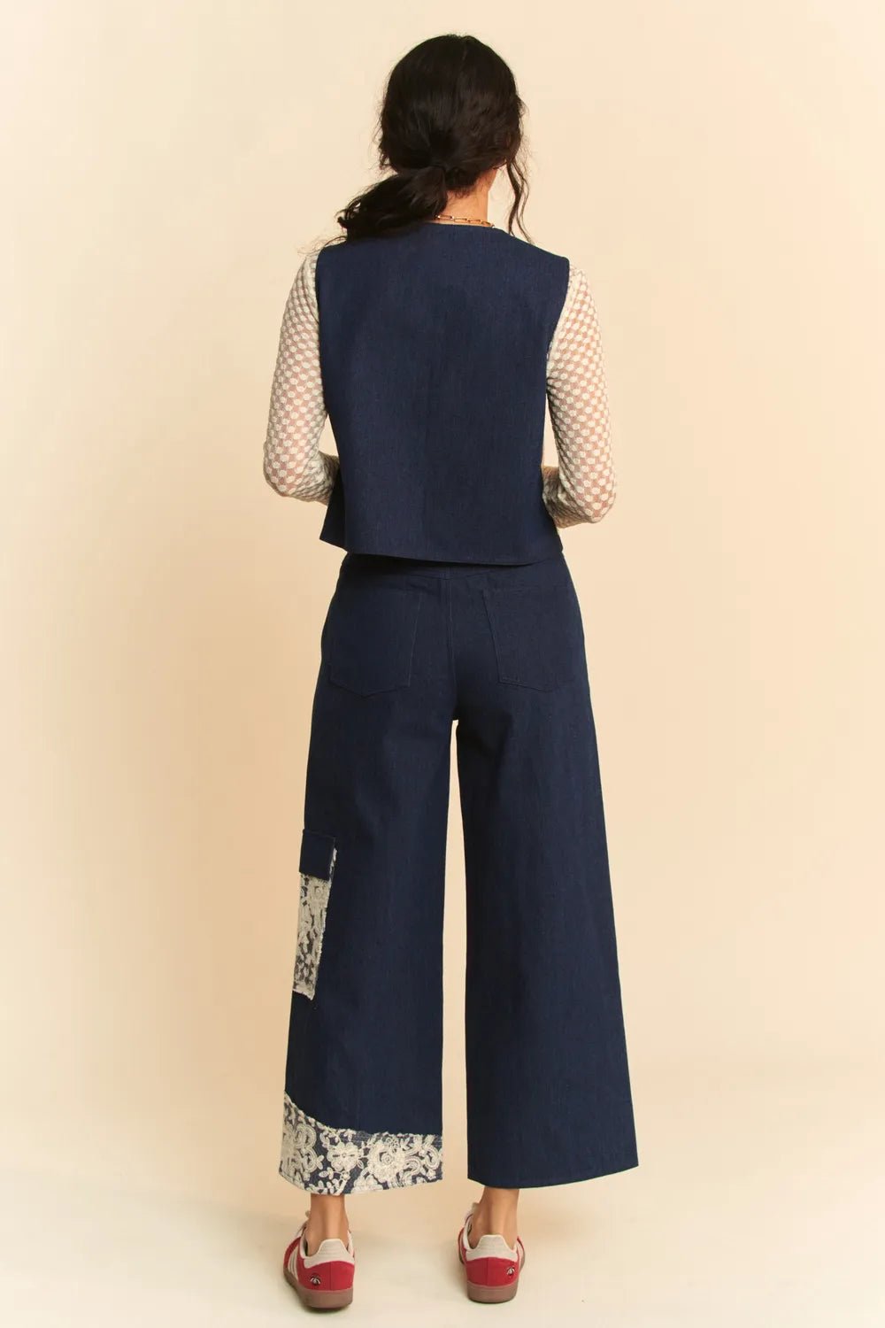 Dark blue Davi & Dani lace patch open front denim vest by Trendsi, featuring lace details and a stylish open front design.