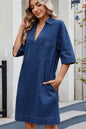 Dark denim Johnny collar half sleeve dress from Trendsi, featuring a casual fit with a stylish collar and short sleeves.