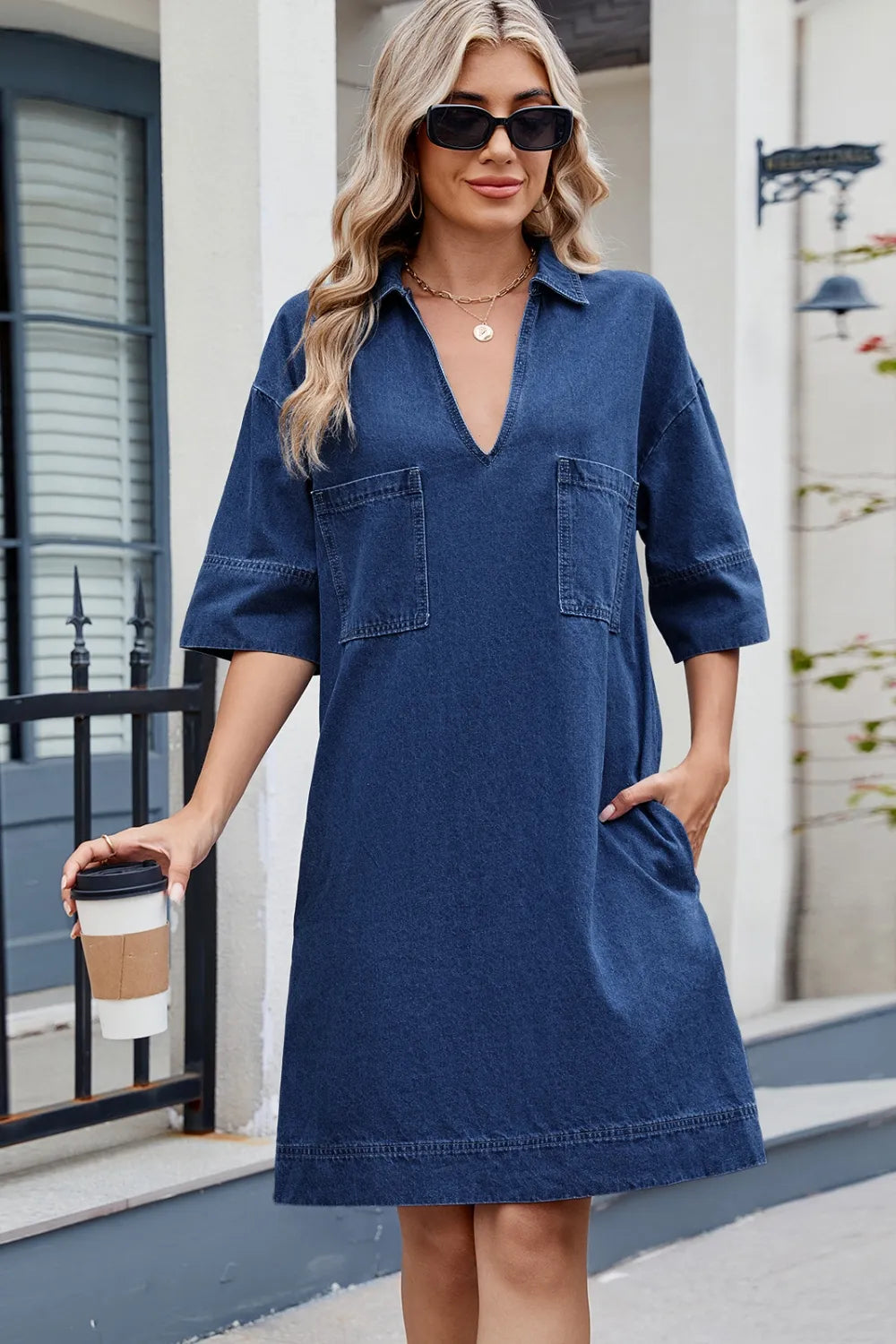Dark denim Johnny Collar half sleeve dress by Trendsi, featuring a stylish collar and casual fit for a trendy look.