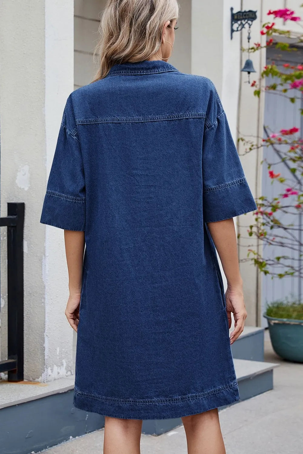 Dark denim Johnny Collar half sleeve dress by Trendsi, featuring a classic collar and stylish casual fit.