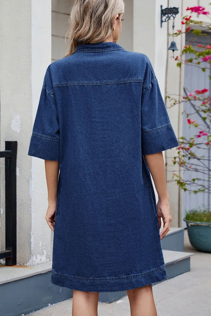 Dark denim Johnny Collar half sleeve dress by Trendsi, featuring a classic collar and stylish casual fit.