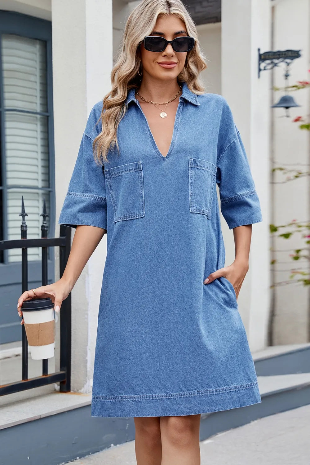 Dark denim Johnny Collar half sleeve dress by Trendsi, featuring a stylish collar and relaxed fit, perfect for casual wear.
