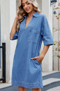 Dark blue Johnny Collar half sleeve denim dress by Trendsi, featuring a casual fit and stylish collar detail.