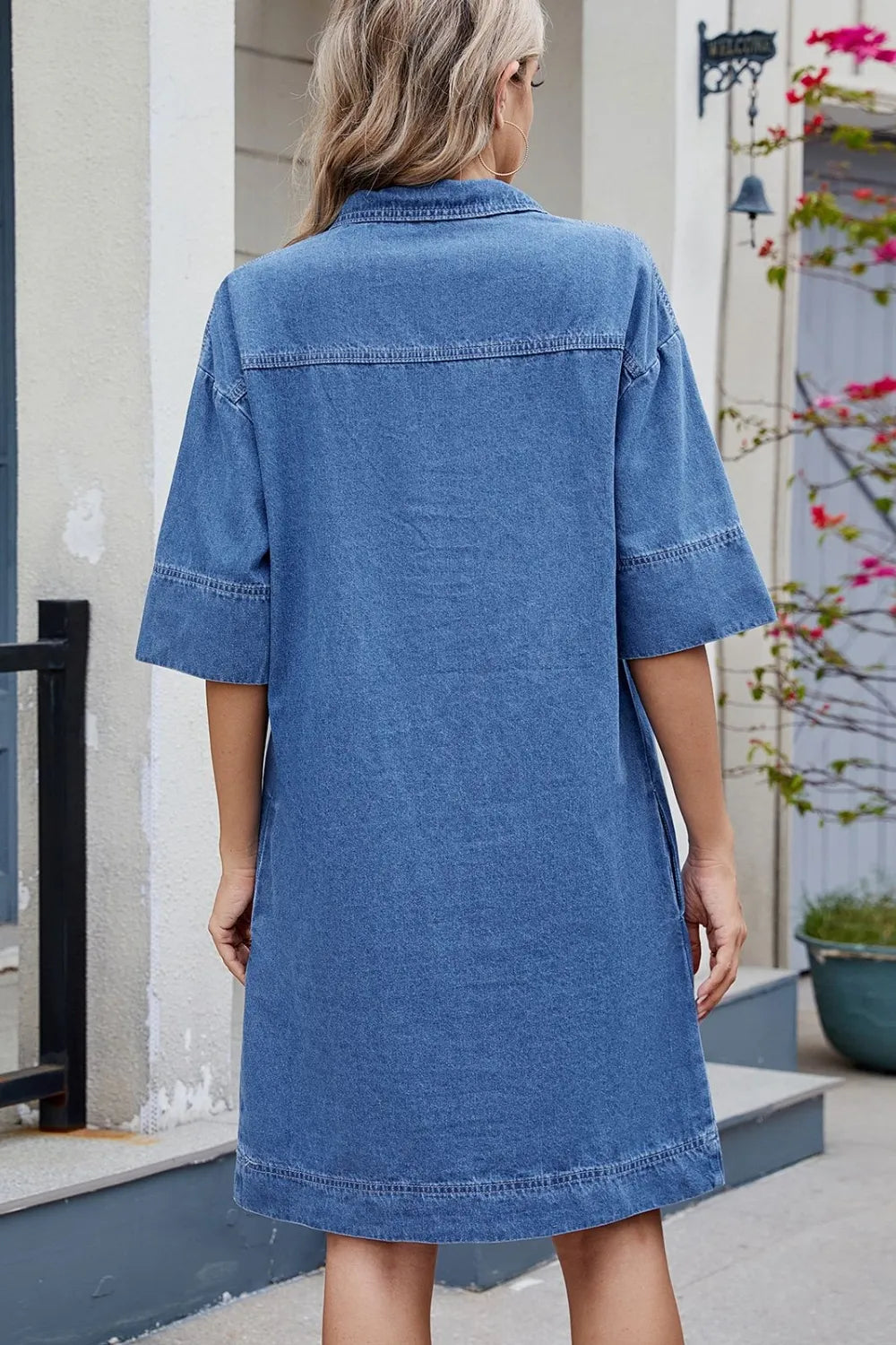 Dark denim Johnny Collar half-sleeve dress by Trendsi, featuring a classic collar and casual style, shown on a mannequin.