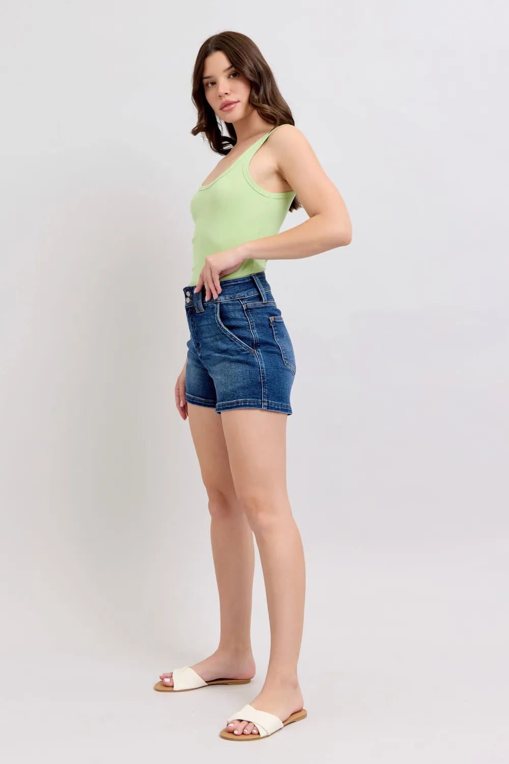 Dark wash Judy Blue plus size denim shorts with double button waistband, full size fit, featuring classic five-pocket design.