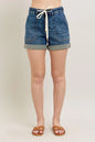Dark wash Judy Blue full-size high-rise cuff denim shorts, plus size, featuring a classic cuffed hem and high-rise fit.