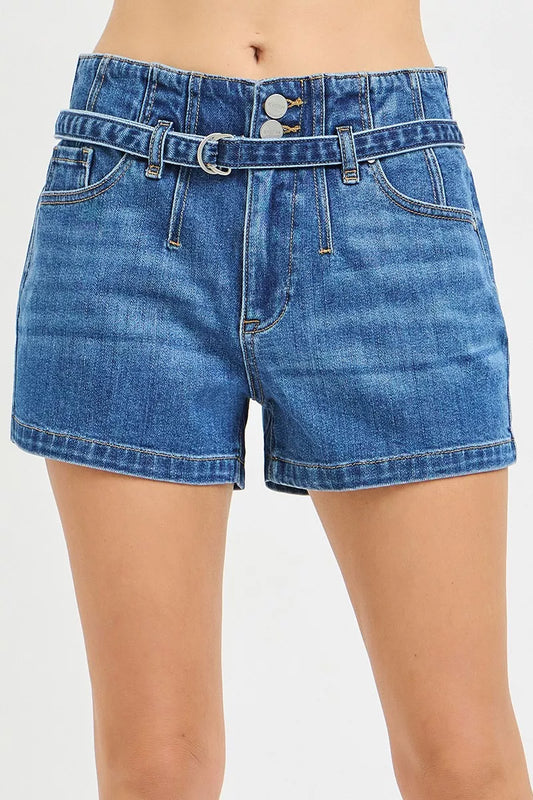 Dark blue RISEN double button slouchy denim shorts from Trendsi with a matching belt, casual and relaxed fit.