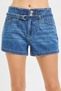 Dark blue RISEN double button slouchy denim shorts from Trendsi with a matching belt, casual and relaxed fit.