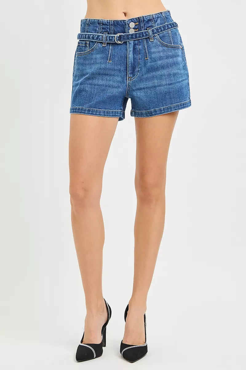 Dark denim RISEN double button slouchy denim shorts with belt, casual style, front view showcasing relaxed fit and belt detail.