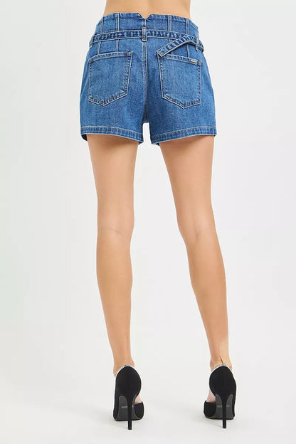 Dark blue RISEN double button slouchy denim shorts with belt from Trendsi, featuring a relaxed fit and casual style.