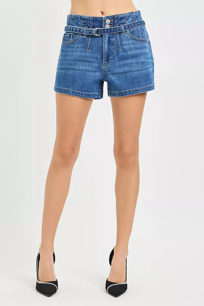 Dark denim slouchy shorts with double buttons and belt from RISEN by Trendsi, featuring a relaxed fit and casual style.
