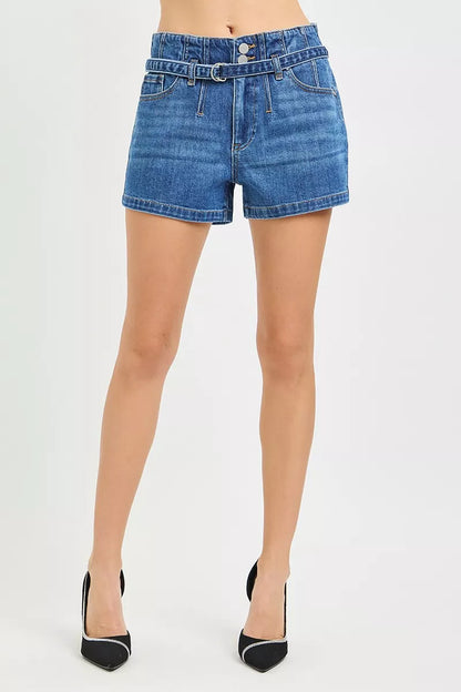 Dark denim slouchy shorts with double buttons and belt from RISEN by Trendsi, featuring a relaxed fit and casual style.