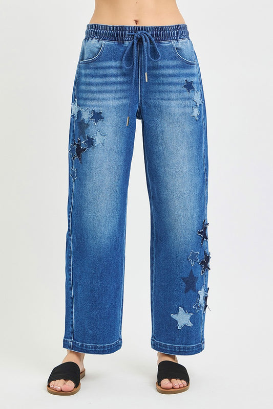 Dark gray RISEN elastic band slouchy cropped barrel pants with star patch, stylish casual fashion by Trendsi.