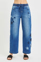 Dark gray RISEN elastic band slouchy cropped barrel pants with star patch, stylish casual fashion by Trendsi.