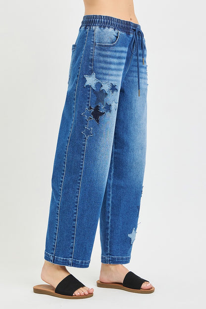 Dark RISEN elastic band slouchy cropped barrel pants with star patch, trendy casual style from Trendsi.