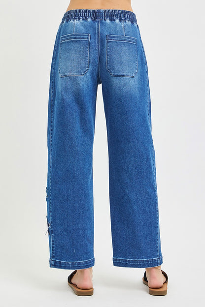 Dark grey RISEN elastic band slouchy cropped barrel pants with star patch by Trendsi, featuring a relaxed fit and casual style.