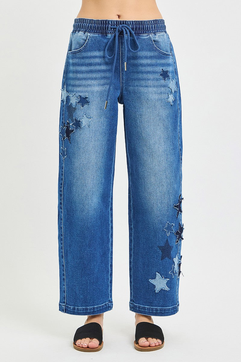 Dark brown RISEN elastic band slouchy cropped barrel pants with star patch, trendy casual style.