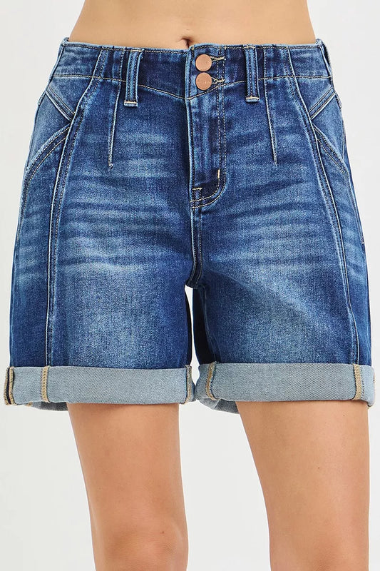 Dark high-rise seamed roll-up shorts from RISEN by Trendsi, featuring a fitted waist and casual rolled cuffs.